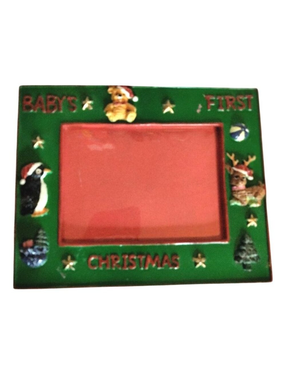 Babys First Christmas Photo Frame Green Red Holiday Theme 3x5 Picture
